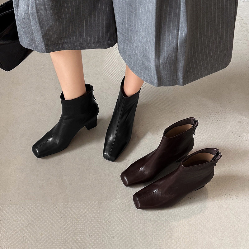 冬季真皮方头粗跟踝靴女