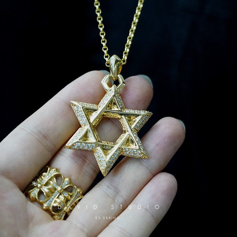 david 22K真金真钻VGA定制大号中号六芒星吊坠项链 情侣网红同款