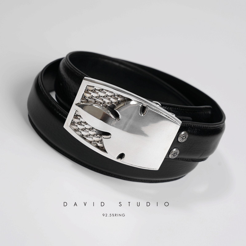 david 定制S925纯银逼格潮流个性火焰男款裤腰带 头层牛皮皮带
