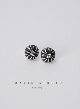 David studio925纯银十字花圆镶钻耳钉 耳环男女同款潮人朋克机车