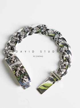 david纯银S925纯银潮男个性霸气十字架手链宽面粗矿情侣手链