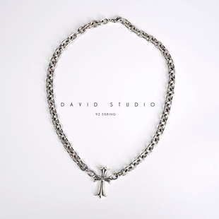 david 定制S925纯银粗矿十字架项链 情侣锁骨链刻字做旧女款项链