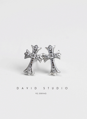 david 做旧S925纯银镶钻十字架做旧情侣耳钉 男女款百搭耳钉耳环