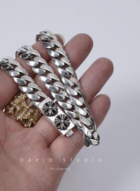 David studio925纯银十字花光面锁骨朋克机车复古做旧项链手链潮