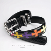 david 定制925纯银滚轮针扣镭射彩色十字架手工情侣头层牛皮皮带