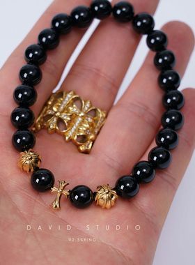 黄金22K定制十字架黑曜石8mm手串