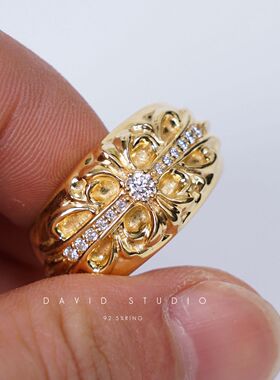 真钻22k十字架情侣男款黄金戒指