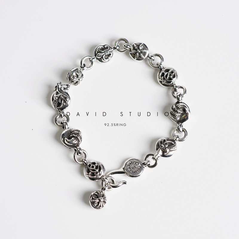 david 纯银S925十字架船锚童军花圆球大号拼接式情侣手链男女款