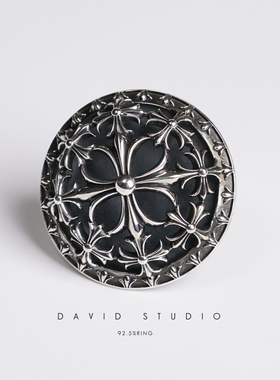 david 定制S925纯银镂空十字架圆盘做旧朋克戒指 男款浮夸指环