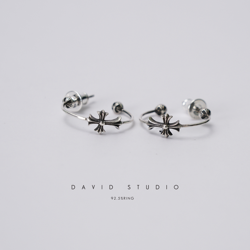 David studio925纯银十字架半圈经典耳钉耳环男女同款情侣耳坠-封面