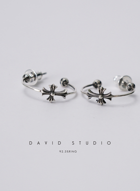 David studio925纯银十字架半圈经典耳钉 耳环 男女同款情侣耳坠