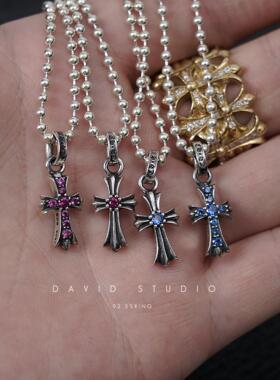 David studio925纯银做旧粉钻 蓝钻镶钻迷你十字架圆珠项链男女款