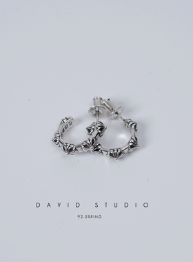 David studio925纯银 半圈十字花做旧经典 罗志祥GD耳环耳坠耳钉