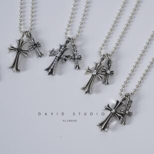 David studio925纯银十字架权志龙圆珠镶钻项链 男女情侣款项链