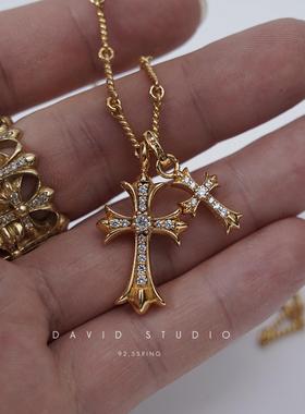 David studio十字架镶钻 925银镀金22k网红情侣女款项链潮人
