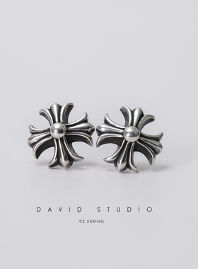 David studio925纯银 十字花 十字架经典耳钉 耳环大号 男女同款