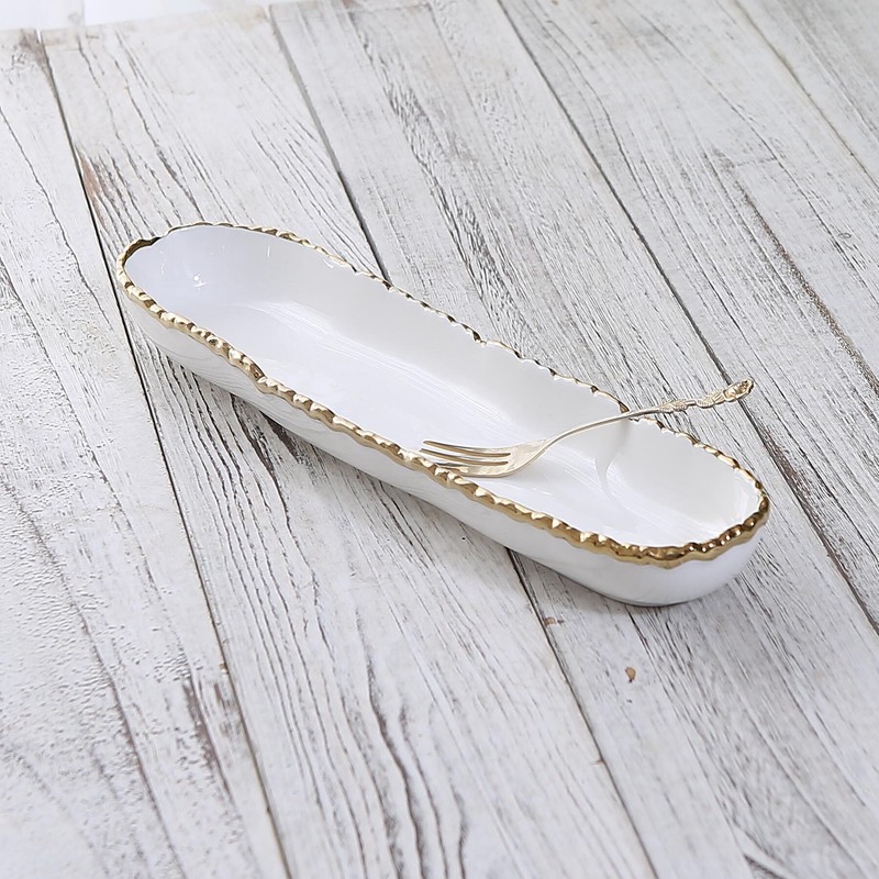 欧式宫廷风工艺白色镀金陶瓷西餐盘 长条盘 下午茶点糕点摆盘瑕疵