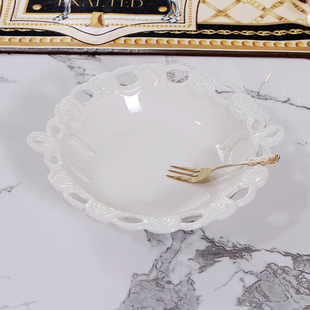 白色10.5英寸浮雕玫瑰工艺镂空釉下彩盘奢华水果盘餐盘美食盘瑕疵