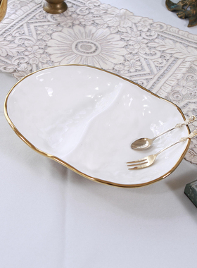 北欧风格简约白色镀金陶瓷2分隔盘 家居水果摆盘 12英寸果盘 瑕疵