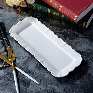 中古风格 宫廷风摆盘长方形盘平盘瑕疵 工艺浮雕花边陶瓷西餐盘欧式