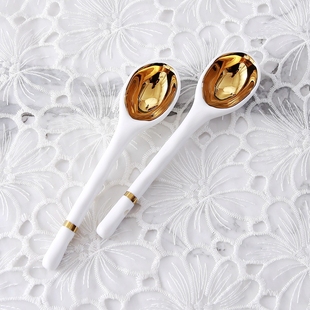 2支欧式镀金银陶瓷调羹饭勺茶勺水果勺搅拌勺调味勺创意瓷勺瑕疵
