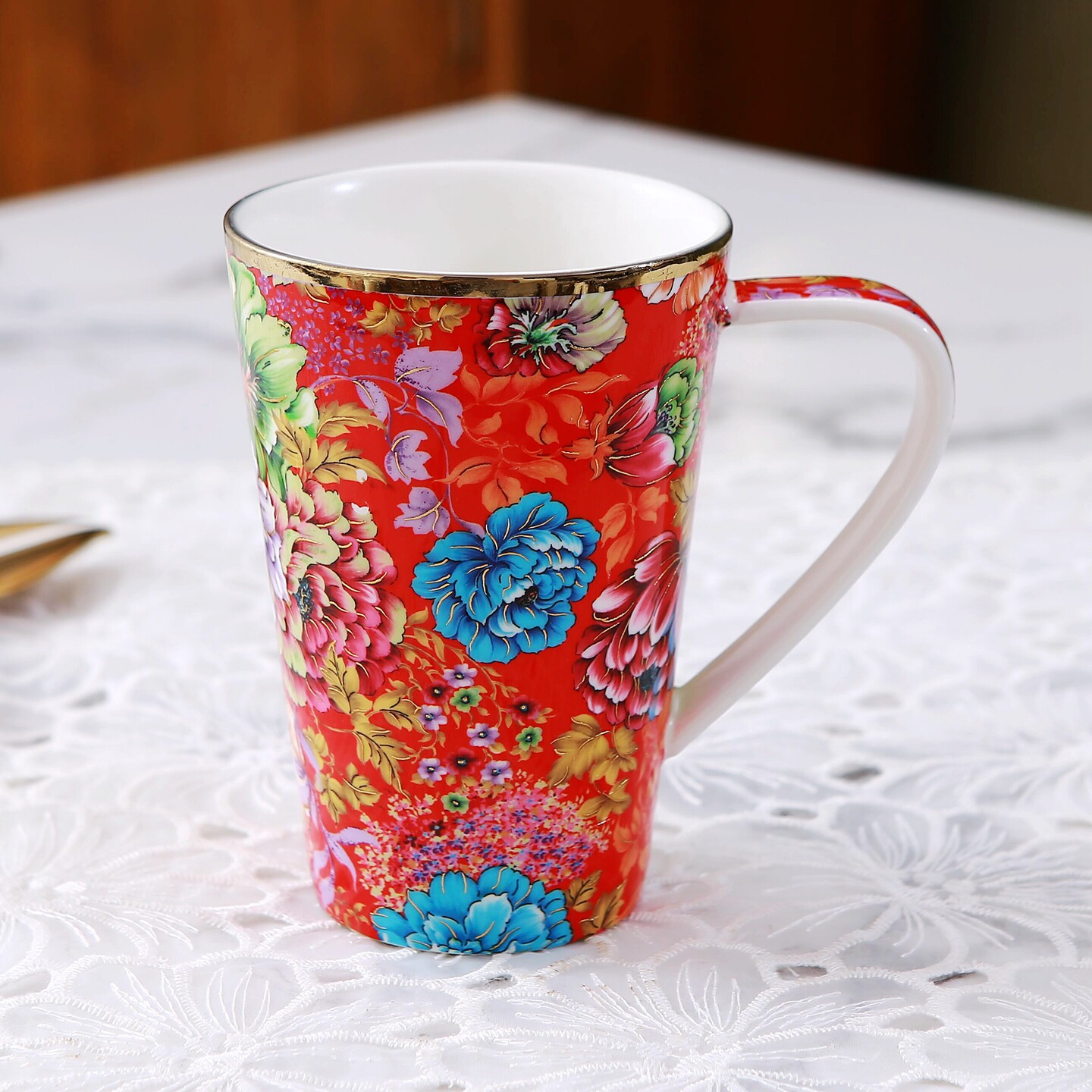 新中式花卉图案陶瓷350毫升大杯