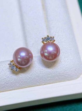 淡水真珍珠耳环耳钉耳饰9-10MM正品强光白色紫色橙色14K注金礼物