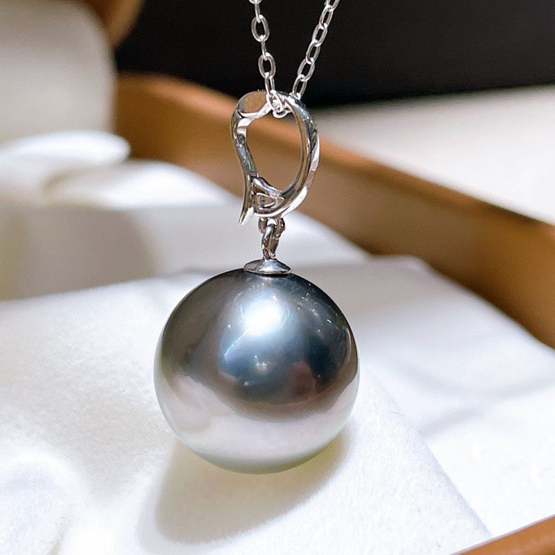 18k白金万能扣大溪地海水黑珍珠吊坠黑色真珍珠项链10-11正圆正品