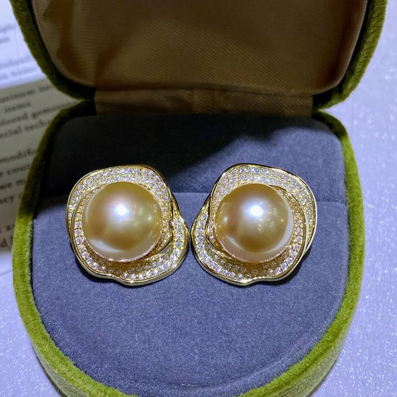 南洋海水金珠耳钉耳环金色真珍珠耳饰正圆正品强光女友礼物