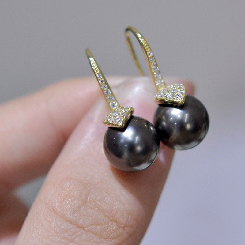 大溪地海水黑珍珠耳环耳钩耳饰9-10MM黑色正圆正品真珍珠耳挂女
