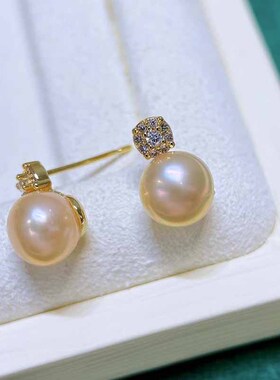 淡水真珍珠耳环耳钉耳饰8-9MM正品强光白色橙色紫色14K注金女礼物