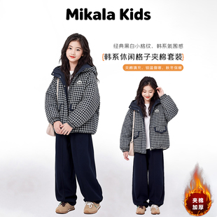 女童格子棉服冬装新款大童加厚保暖外套儿童韩版连帽棉衣一件过冬