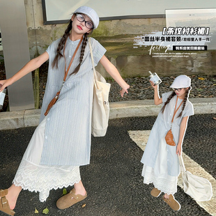 女童夏季裙子甜美条纹短袖衬衫连衣裙叠穿套装新款条纹衬衫连衣裙