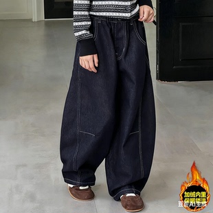 女童加绒裤子冬装2025新款牛仔裤儿童阔腿裤女大童弯刀裤加厚套装