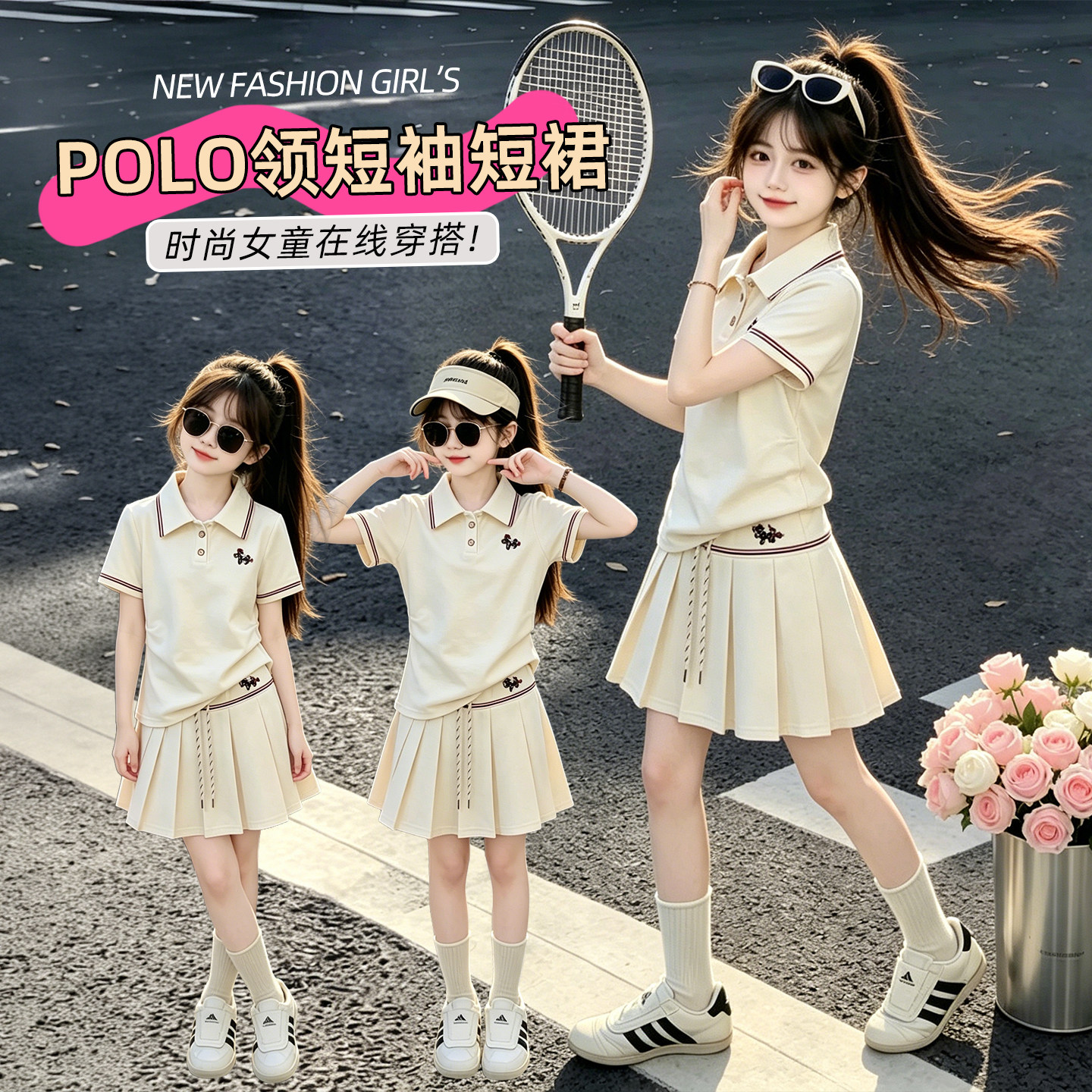 女大童夏季学院风套装2026新款中大童POLO领T恤短裙运动两件套潮
