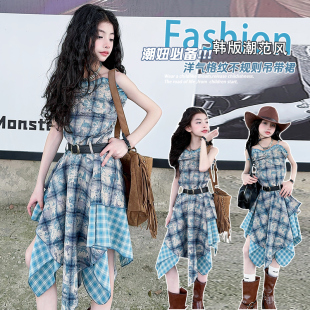 女童美式扎染格纹吊带连衣裙夏季设计感小女孩显瘦拼接不规则裙子