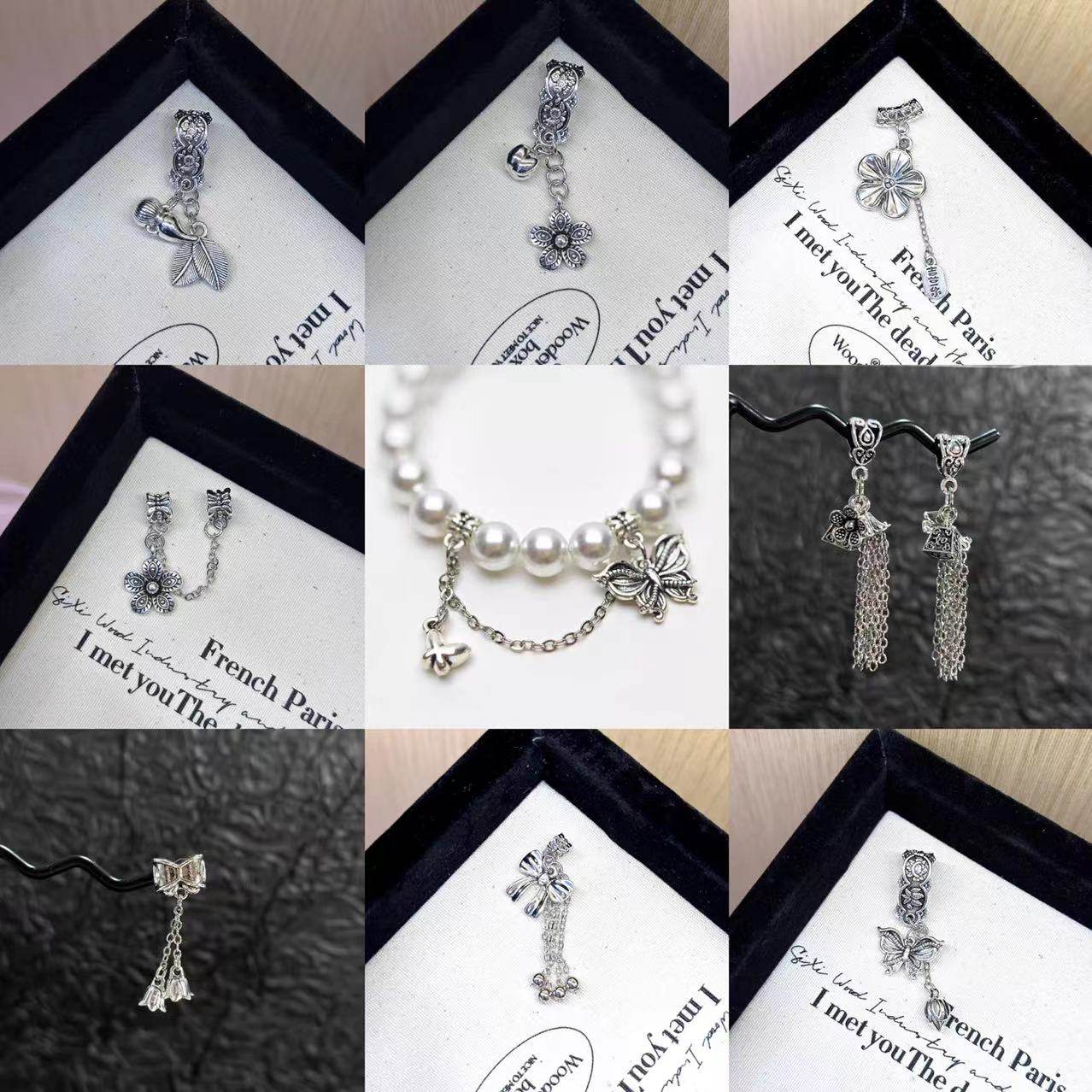 复古银色做旧款长款隔圈小花立体流苏水晶配件串珠手链diy饰品