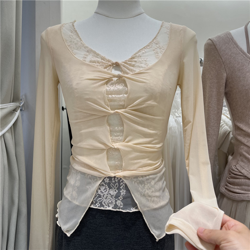 网纱拼接蕾丝假二件小衫2025秋季新款扭结镂空透视修身长袖T恤女