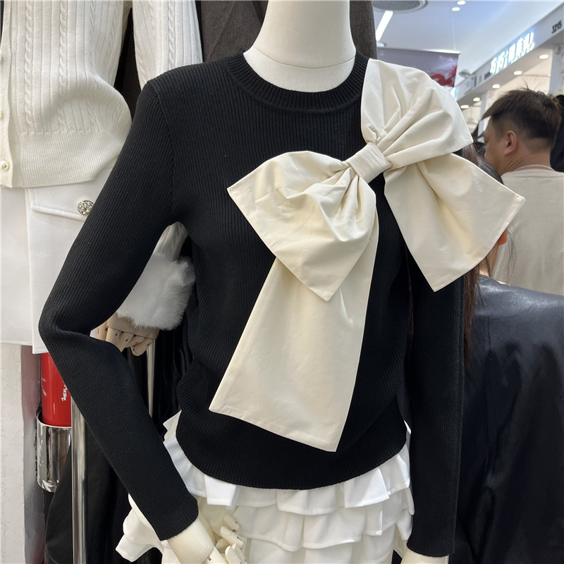 韩版百搭宽松显瘦蝴蝶结针织衫女