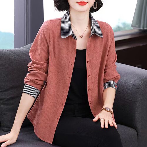 撞色翻领长袖纯棉显瘦妈妈衬衫