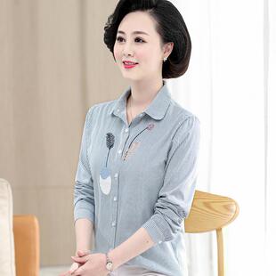 2025春装新款上衣大码女士纯棉绣花妈妈装宽松条纹长袖衬衫
