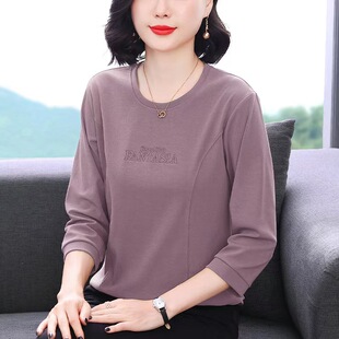纯棉加长袖t恤女春秋季2025新款中年妈妈减龄宽松大码休闲打底衫