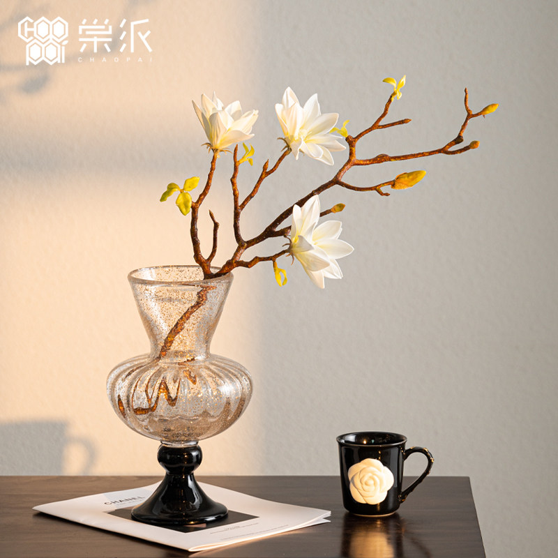 法式复古洒金玻璃高脚花瓶中古风灯高档餐桌艺术装饰花器小众摆件