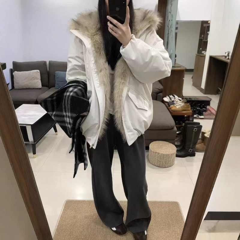 现货设计师花苞毛领羽绒服25冬环保皮草拼接派克服下摆抽褶外套