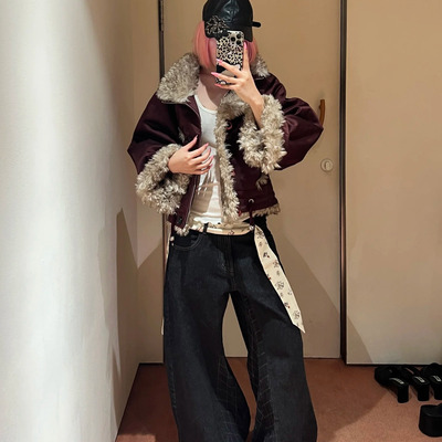 设计师品牌25秋冬新品醋酸麻短绒外套复古翻领时尚休闲短款上衣女