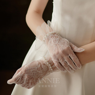 薄纱手套弹力缎简单米白色蕾丝拍照 品质新款 新娘婚纱礼服手套短款