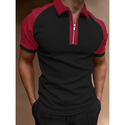 Colored slim fitting lapel short sleeves拼色时尚修身翻领短袖