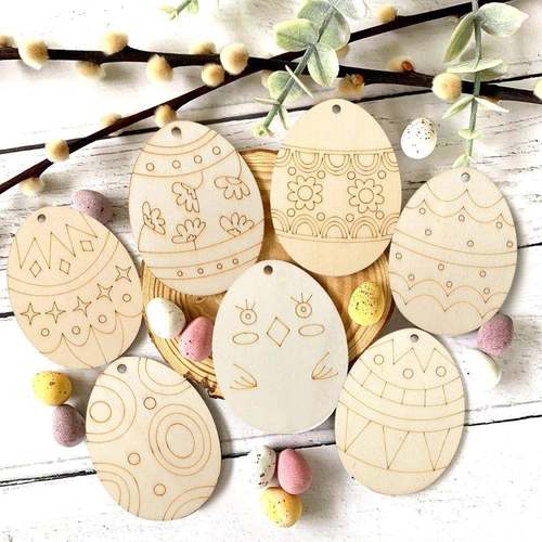 10pcs Wooden Easter Eggs Pendant With Rope Wood Slices Hangi