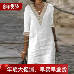 Dress Summer Hallow Cotton Color Linen Solid Women Fashion