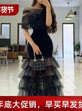 Glitter Layered Sheer Mesh Party Dress黑色网纱拼接礼服连衣裙